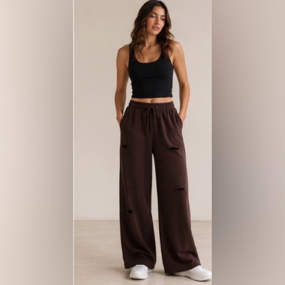 Aerie Wide Leg Distressed Sweatpants - Dark Brown